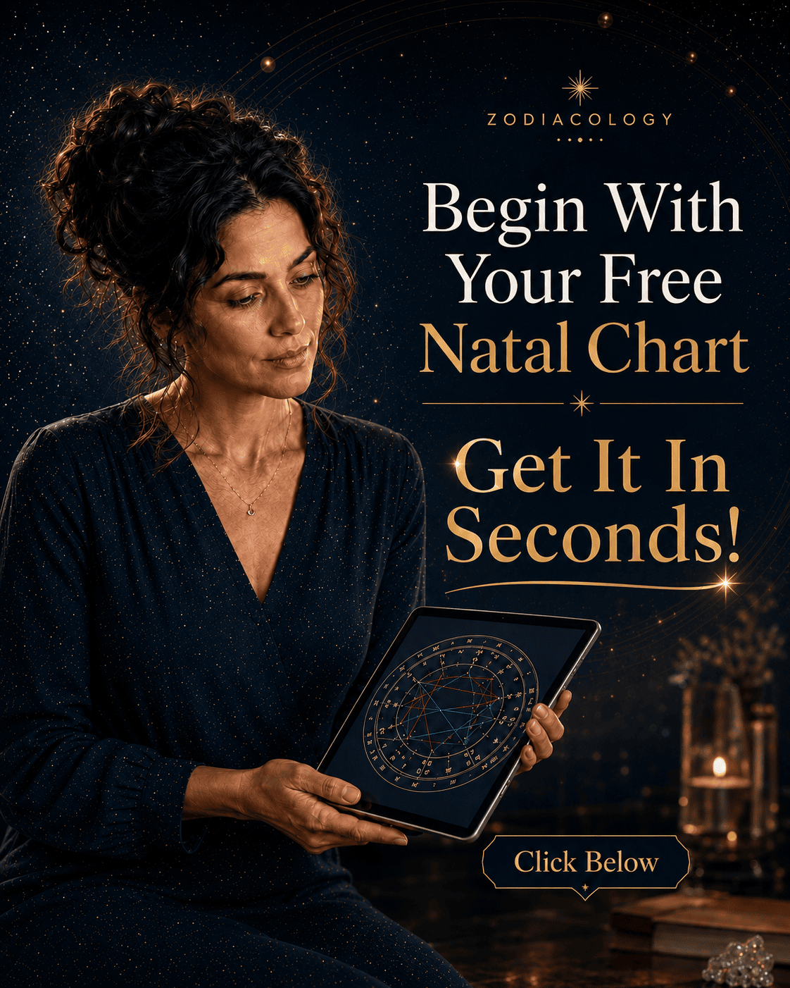 Contemplative woman holding a tablet with a natal chart and a free Zodiacology natal chart invitation.