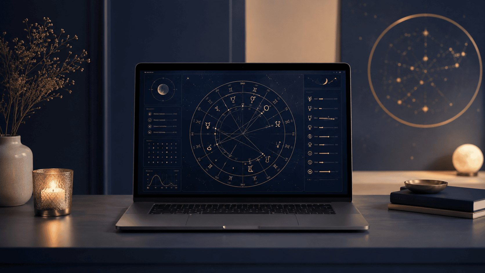 A laptop on a softly lit desk displaying a natal chart interface in dark blue and gold tones, suggesting an online birth chart experience.
