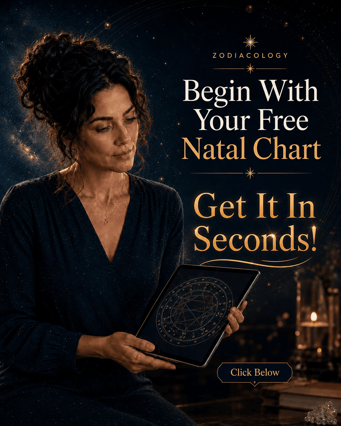 Contemplative woman holding a tablet with a natal chart and a free Zodiacology natal chart invitation.