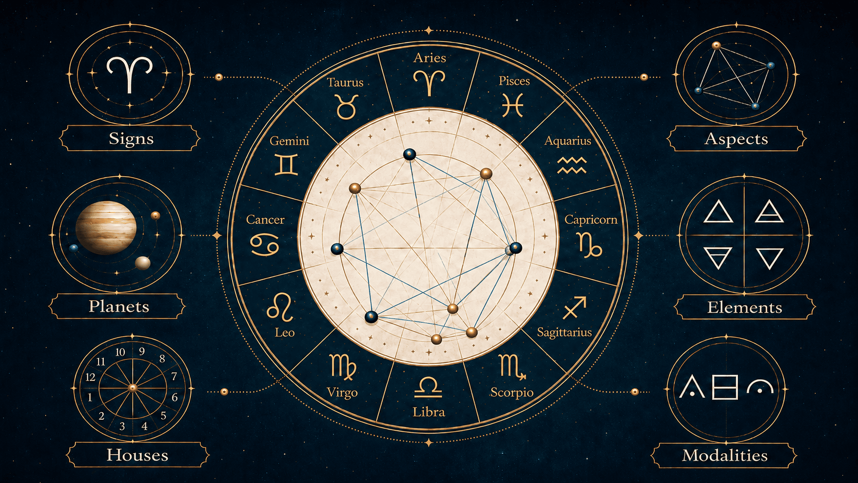 Your Zodiacal Configuration chart diagram showing signs, planets, houses, aspects, elements, and modalities connected within a zodiac wheel.