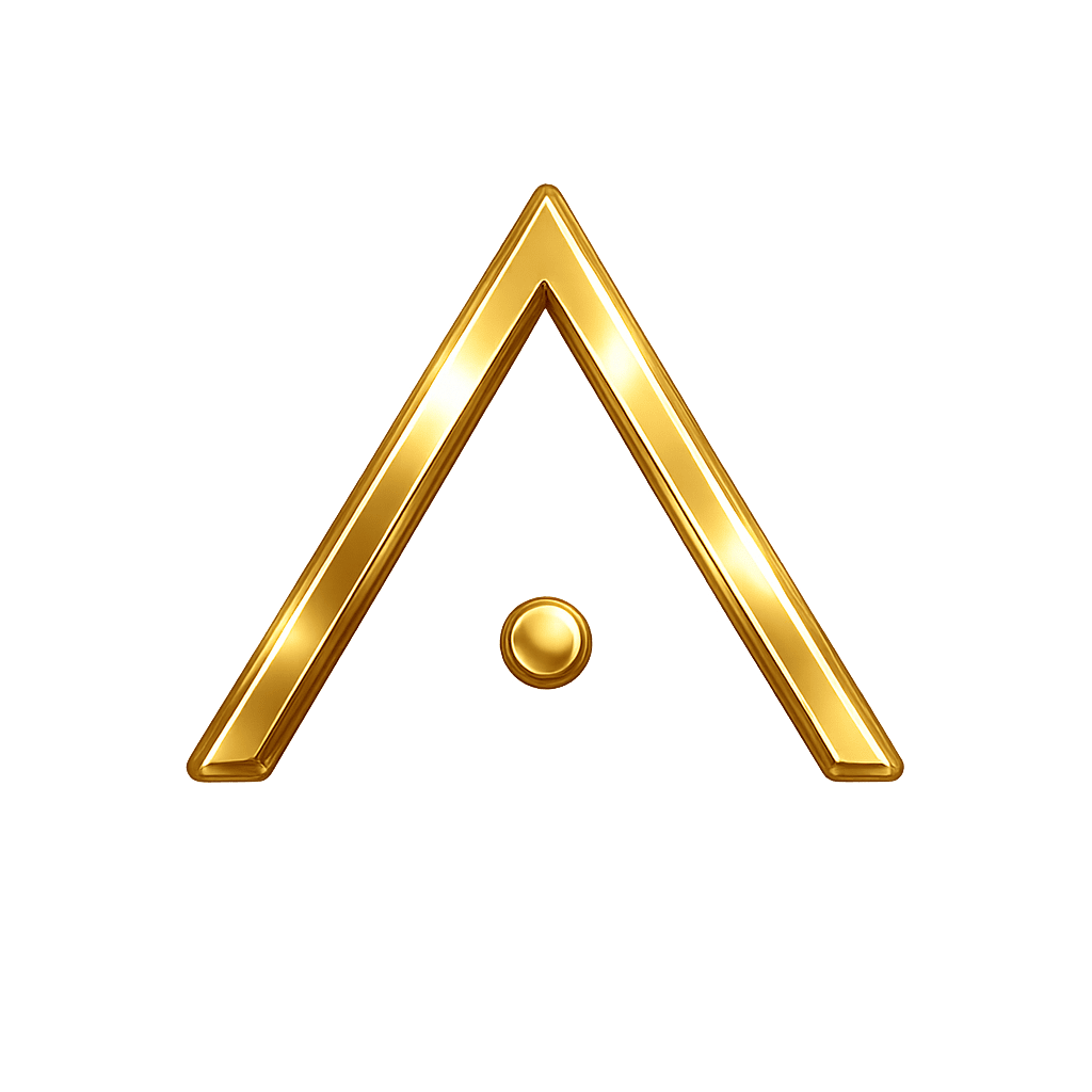 Polished gold open inverted V with a centered dot representing the Cardinal modality