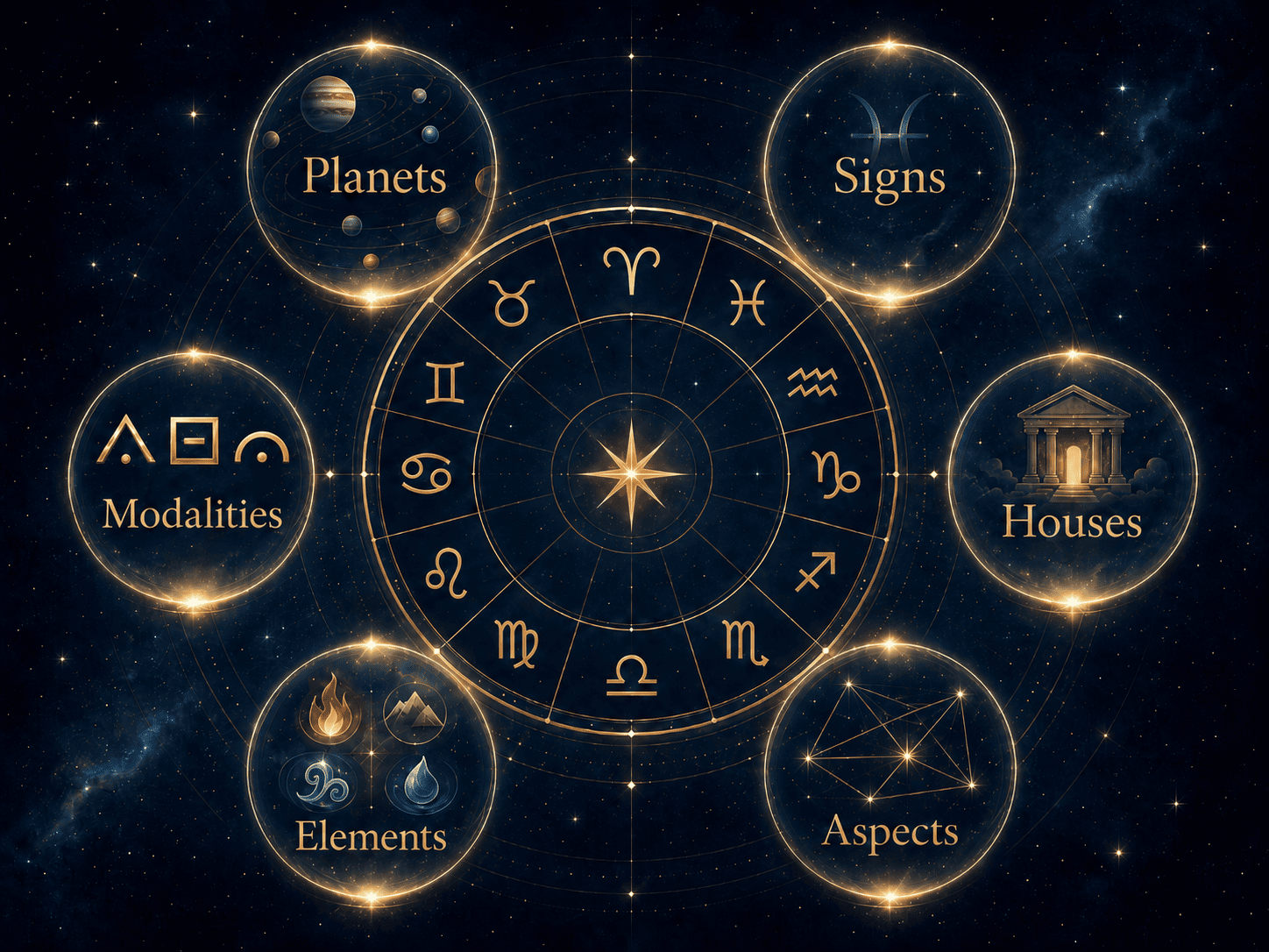 Zodiac wheel surrounded by the six foundations of Zodiacology: Planets, Signs, Houses, Aspects, Elements, and Modalities